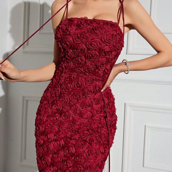 Burgundy Elegant Women's Tie Shoulder Cami Dress Long Evening Dresses - Picture 3 of 6